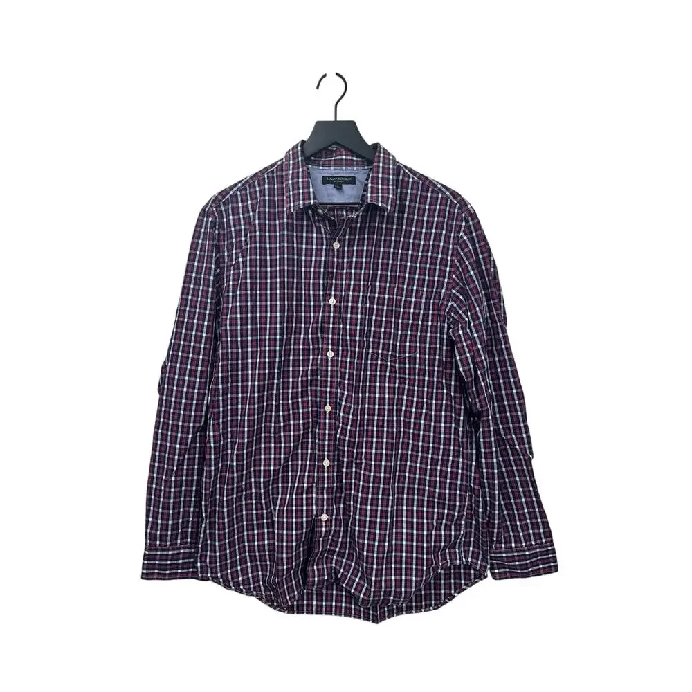 Banana‎ Republic Button Front Men L Red Blue Gingham Soft Wash Cotton Workwear